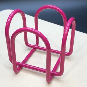 90s Fuchsia Pink Enamel Metal Wire Arch Square Notepad Holder, Vintage Office